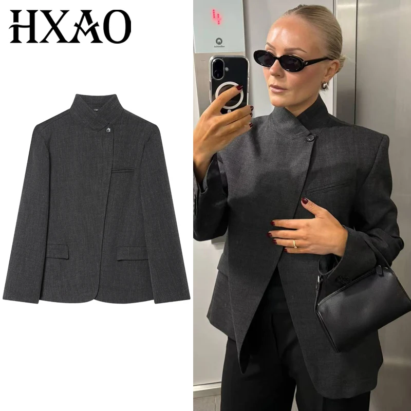 

HXAO Elegant Grey Asymmetric Outerwears Women's Jacket Female Button Long Sleeve Tops New In Coats & Jackets Chic Casual Jackets