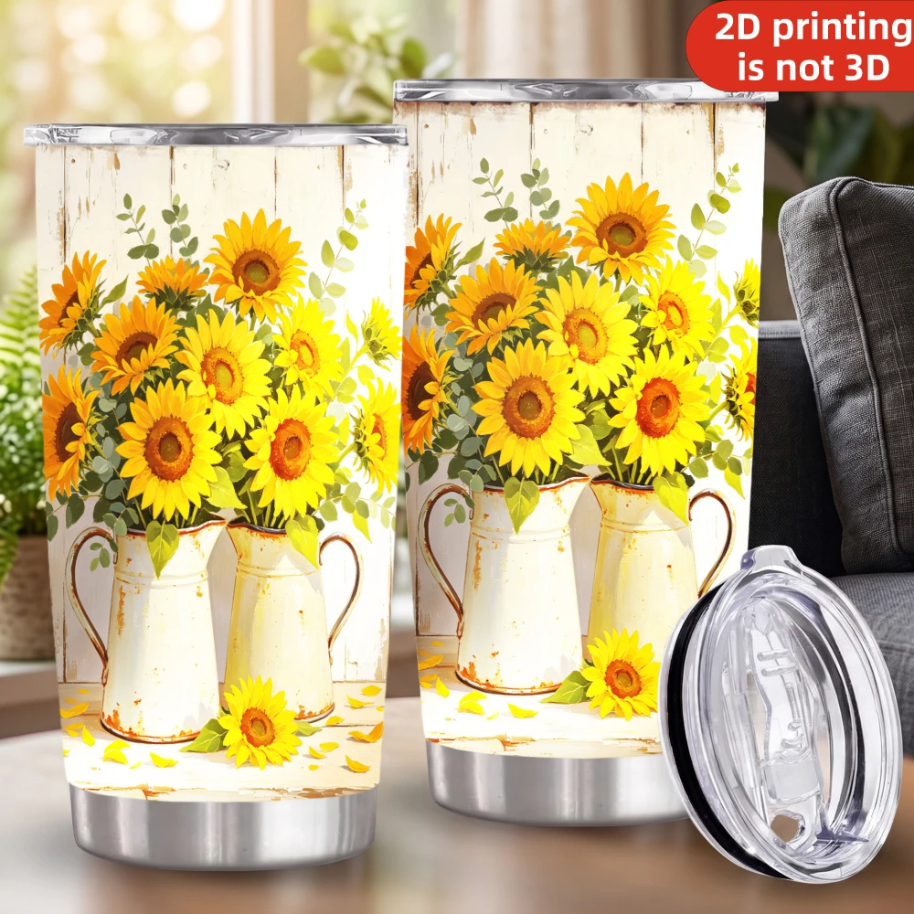 20oz Farmhouse Sunflower Pitcher Printed Stainless Steel Tumbler with Lid and Straw, Rustic White Wood Yellow Floral Bouquet Country Cottage Vacuum Insulated Travel Coffee Mug Gifts
