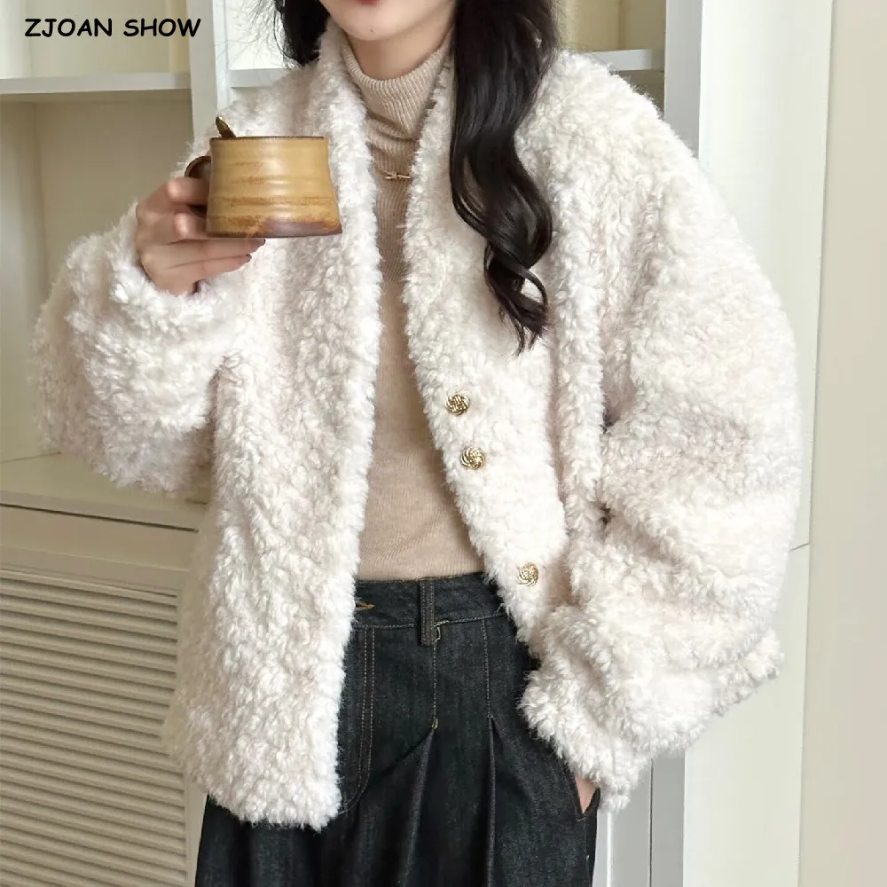 4 colors Winter V neck Shaggy Curly Lamb Sheep Faux Fur Coat CHIC Front Open Through Buttons Full Sleeve Loose Warm Coat White