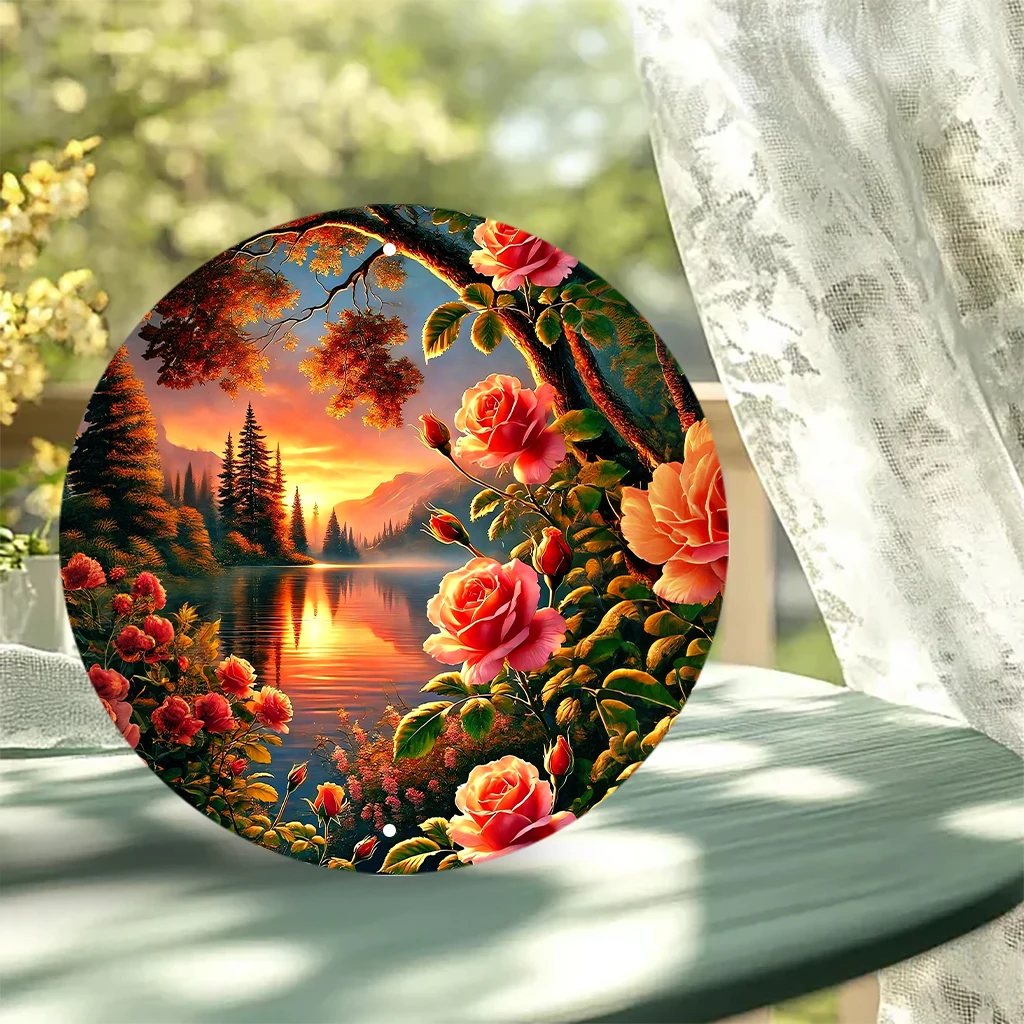 JIT 1-pc Orange sunset mountain red rose landscape print round metal tin sign wall decor, lightweight & smooth surface, this artistic metal tin sign fits bedroom, entryway and garden for multi-space wall decoration, ideal decorative gift for home lovers view 7