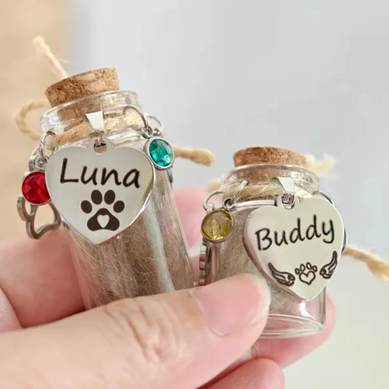 تخصيص الزجاج المحفور زجاجة الحيوانات الأليفة الشعر تذكارية عيد ميلاد حجر الحب قلادة يمكن شغلها مع شعر الحيوانات الأليفة والأسنان والرماد
