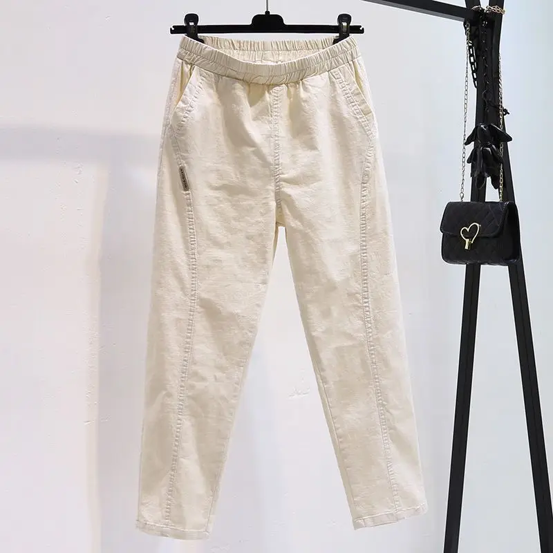 New Temperament Summer Casual Women's Fashion Versatile Solid Color Pockets Elastic High Waist Loose Straight Harun Crop Pants