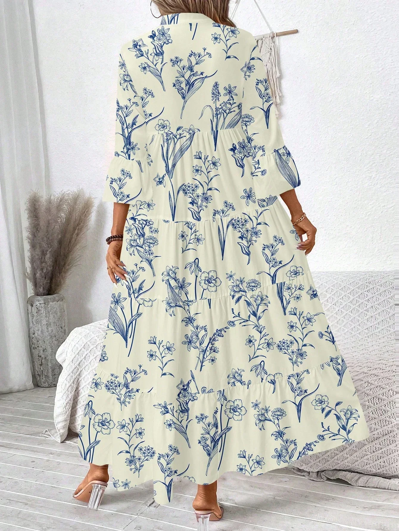 Cream Base Blue Floral Tiered Maxi Dress With Flared Sleeves, Boho Casual Long Dress For Women