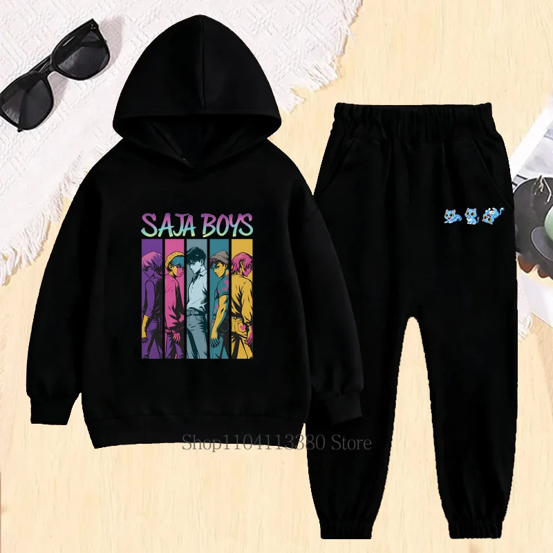 Zestaw dziecięcy z graficznym nadrukiem Saja Boys, jesienno-zimowy, dla dziewczynek i chłopców, casualowy, ciepły, modny, bluzy z kapturem i spodnie, odzież dziecięca z polaru.