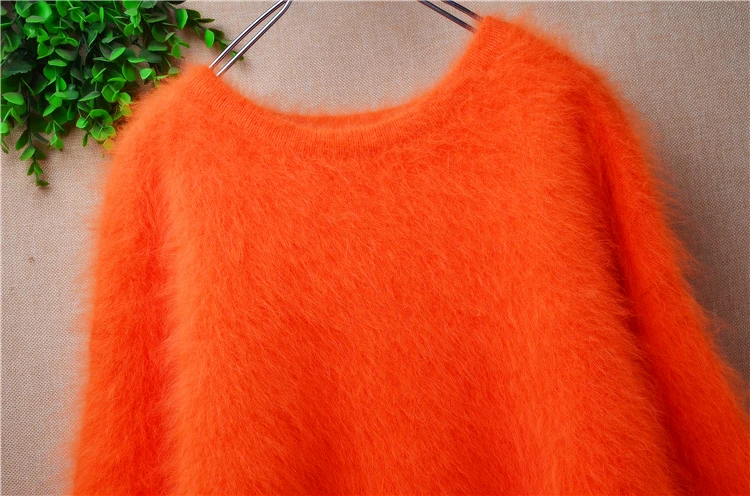 Women Mujer Autumn Winter Clothing Orange Hairy Mink Cashmere Knitted O-Neck Long Sleeves Loose Pullover Angora Sweater Jumper