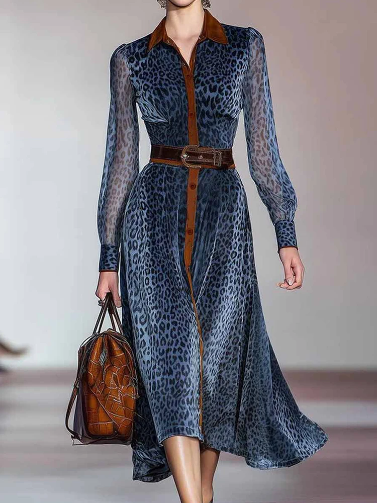 Women Autumn Long Sleeve Casual Maxi Dress Turn Down Collar Elegant Fashion Party Dress Office Lady Retro Printing Dress Vestido