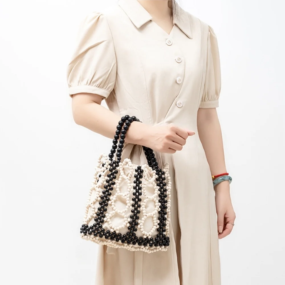 Summer Handmade Women's Shopping Bag Hollow Out Patchwork Wooden Bead Tote Bags  Beach Holiday Women's Handbag bolsas de tela