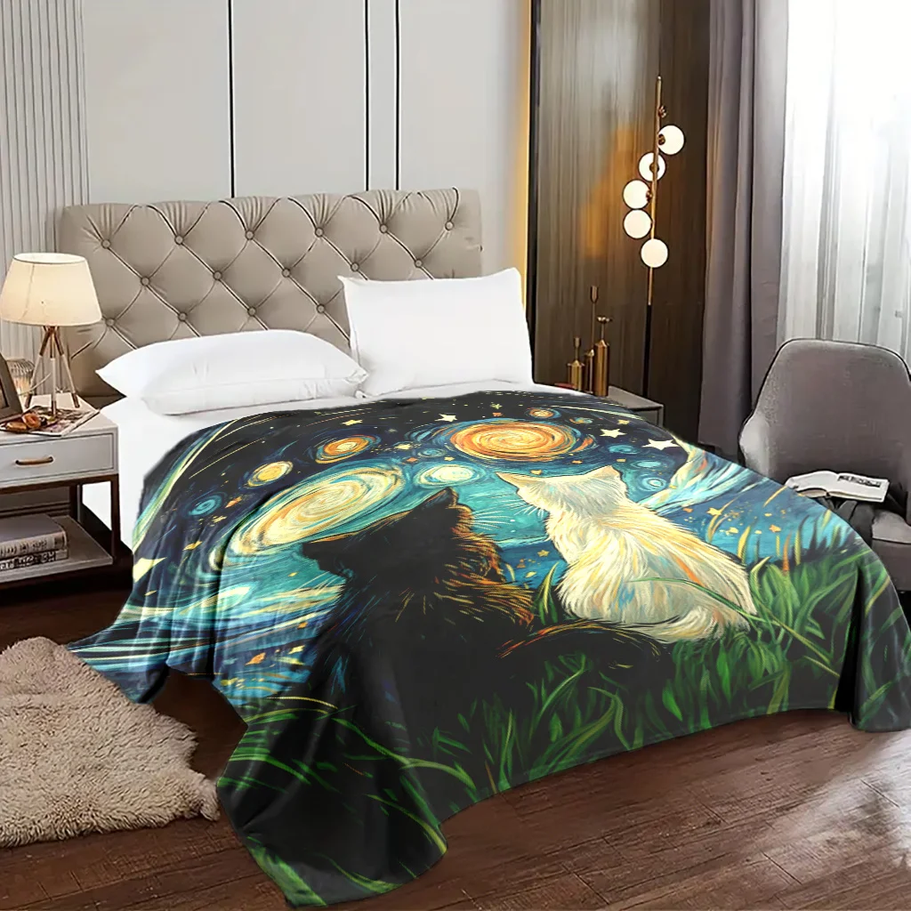 Starry Sky Kitten Print Blanket, Soft Flannel, Polyester, Digital Print, Envelope Stitch, Machine Washable, Home & Office Decor