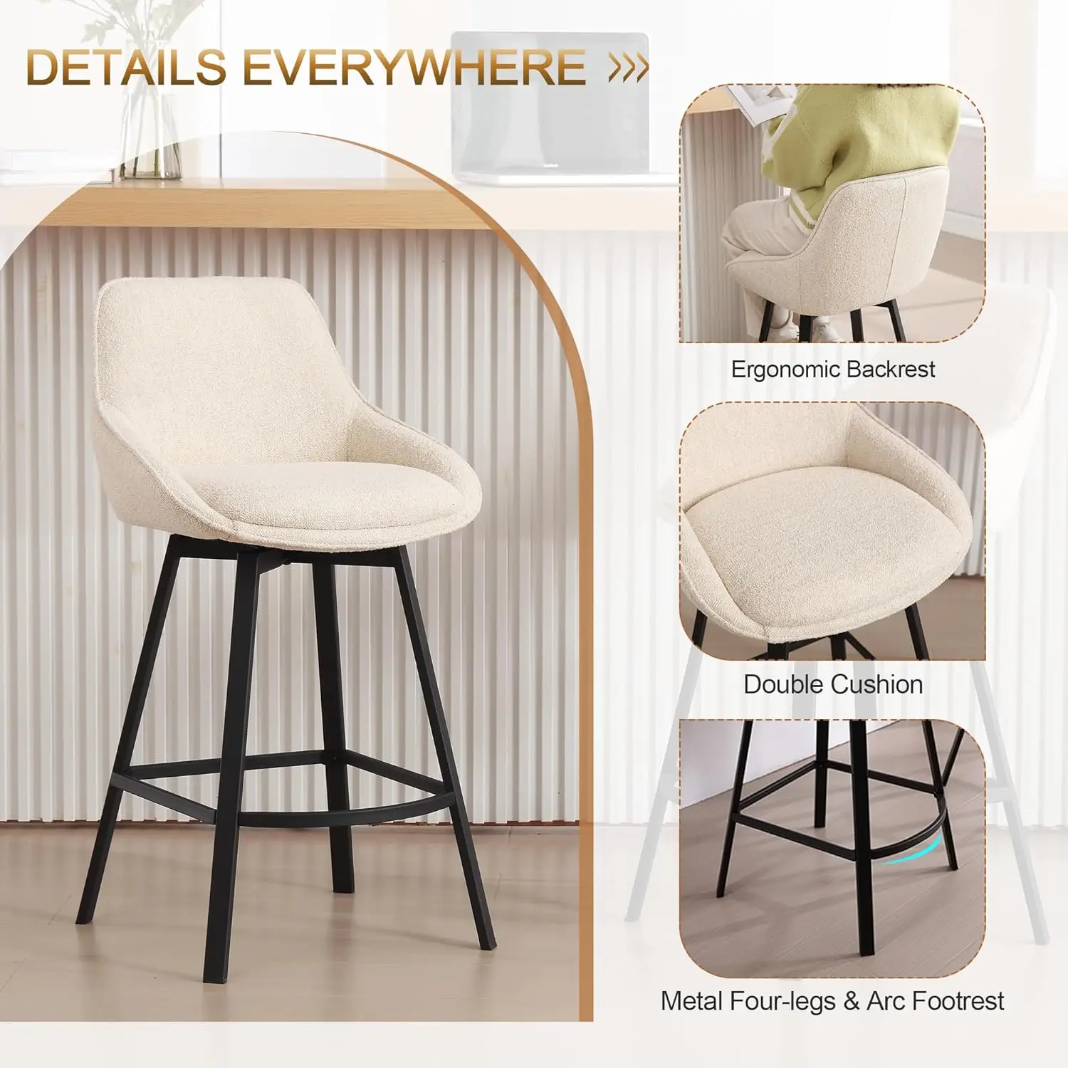 Juego de 2 taburetes giratorios para mostrador, taburetes de bar modernos de 26 pulgadas con patas de metal, taburetes de isla de cocina tapizados de lino beige