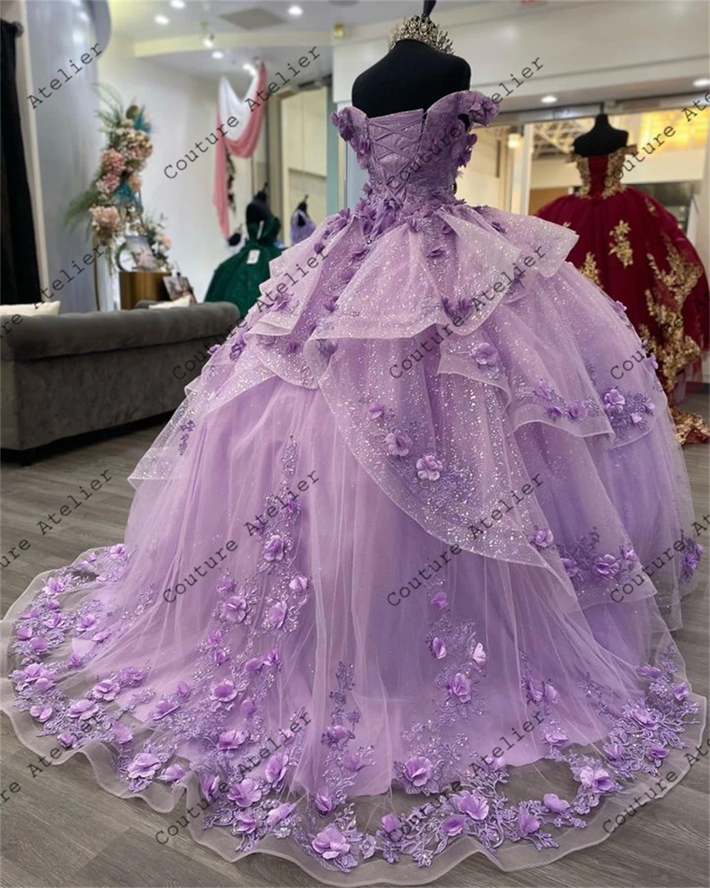 Pretty Lavender 3D Flowers Ruffels Quinceanera Dress Ball Gown Wedding Birthday Party Dresses Princess vestidos de quinceaeceras