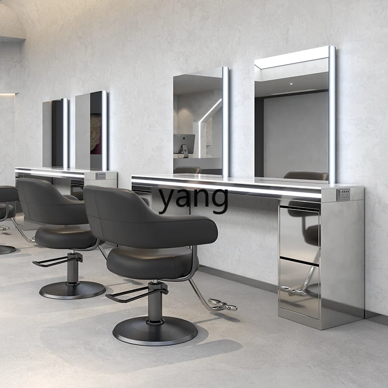 LH  Barber Shop Mirror Table Stainless Steel Hair Salon Double Sided Marble Hair Salon Mirror with Cabinet