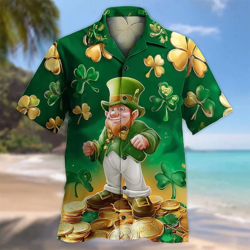 

Повседневные рубашки с коротким рукавом и воротником-стойкой для мужчин и женщин на День святого Патрика, с принтом четырехлистного клевера, для повседневной носки и выходов, в гавайском стиле