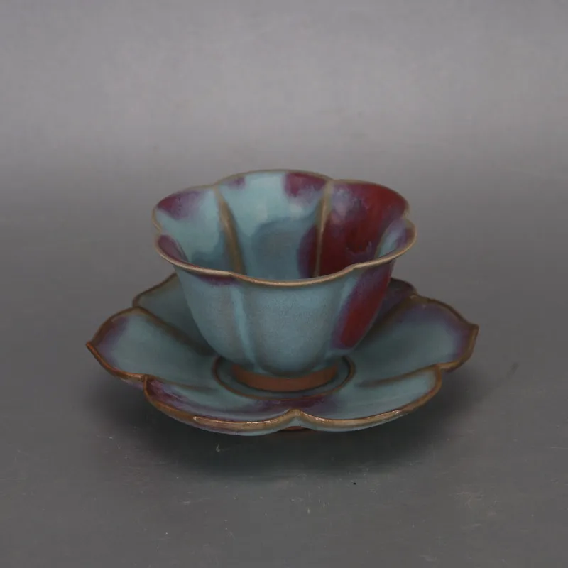 Chinese Song Dynasty Jun Kiln Splashed Glaze Lotus Rim Cup Iron Body Porcelain Vintage Home Decor