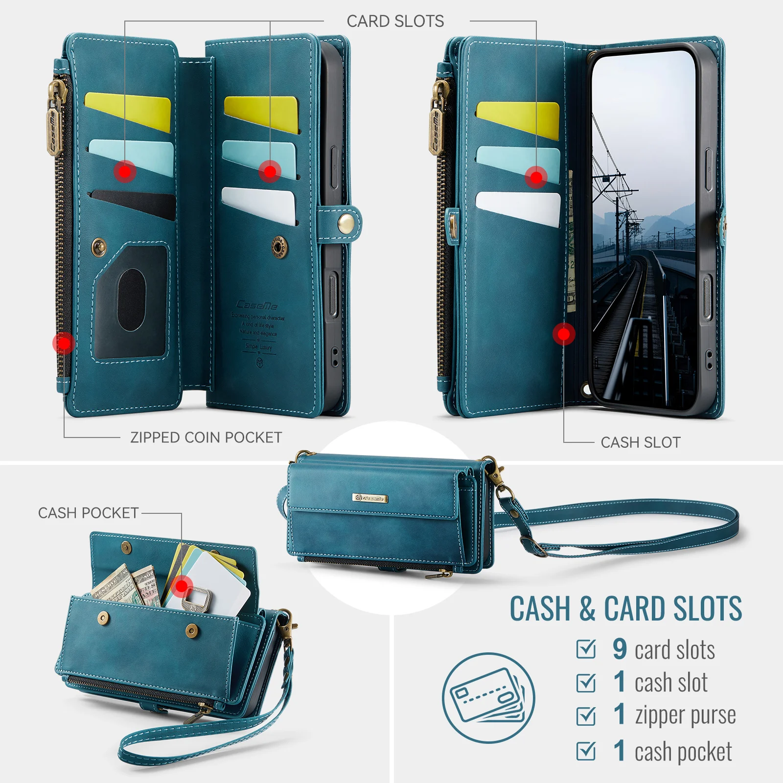

Caseme-C39 Wallet Case For Samsung Galaxy A13 A14 A15 A16 A52 A53 A54 A55 A56 Multifunctional Zipper Card Bag Long+Short Strap