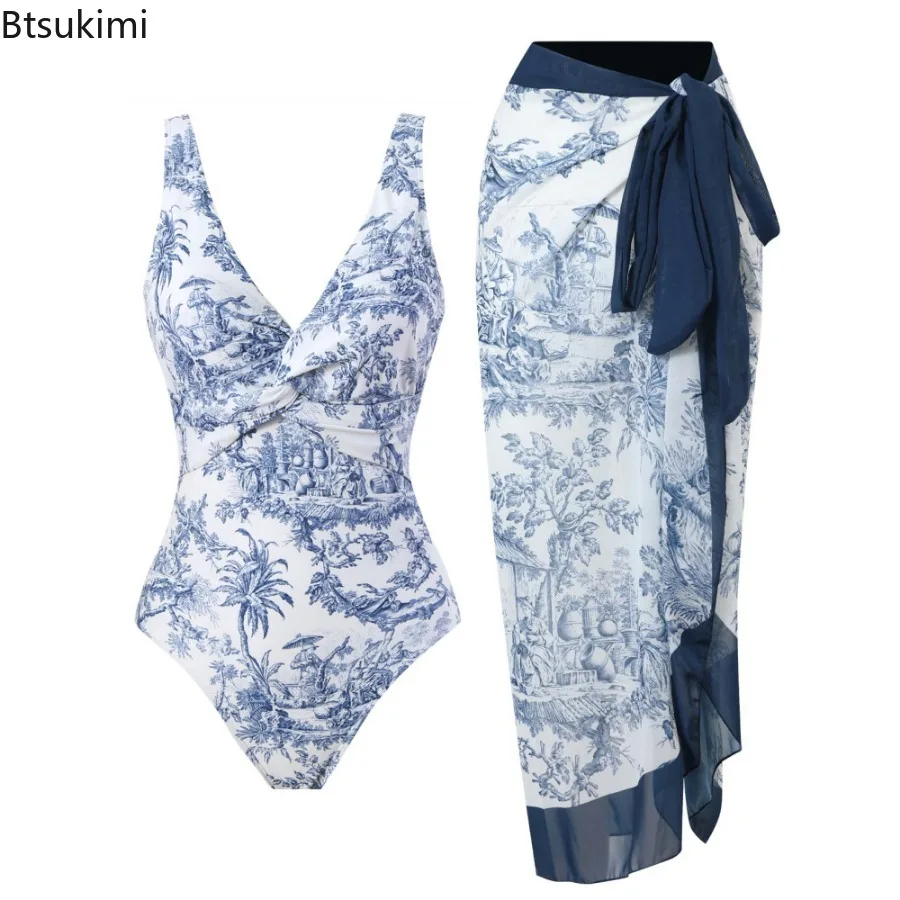 New Arrival Sexy One Piece Swimwear Women Retro Print Bikini Sets Push Up Bathing Suit with Beach Skirts Bodysuit Swimsuit Femme