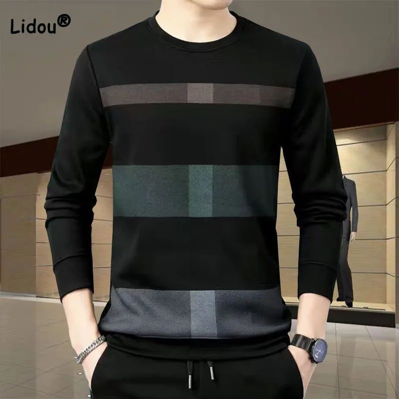 

Spring Autumn Men's Casual Long Sleeve Printed Patchwork T-shirt 2023 Fashionable Trend Round Neck Pullovers Tops Male Clothes