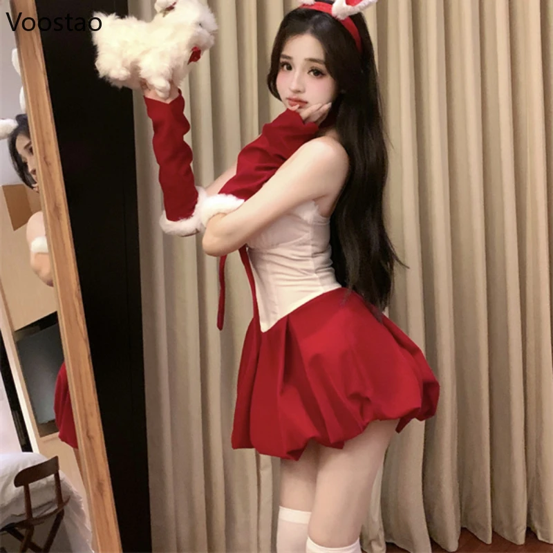 Sweet Lolita Red Christmas Dress Women Sexy Plush Patchwork Off Shoulder Bow Party Mini Dress Female Korean Slim A-Line Dress