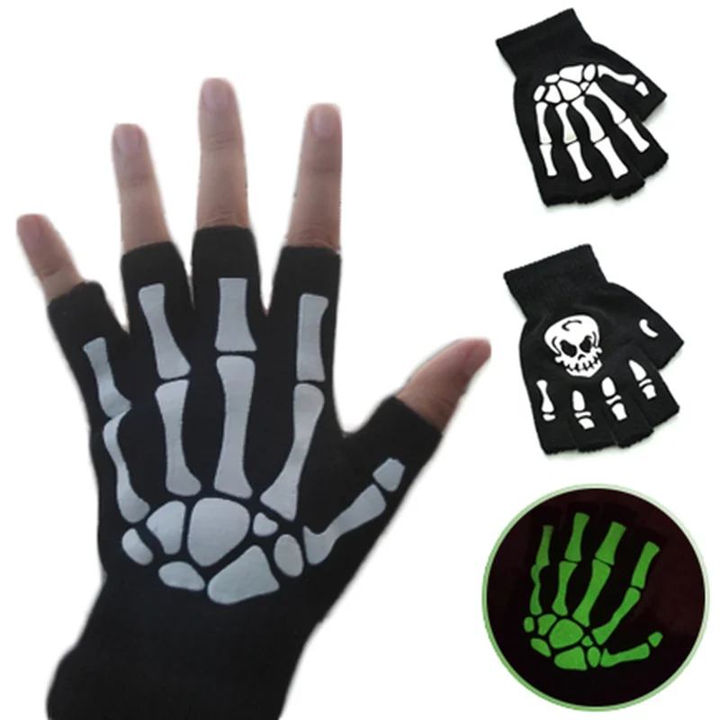 

Luminous Skeleton Skull Fingerless Gloves Men Women Adult Gothic Half Finger Gripper Print Cycling Hiking Non-slip Wrist Glove