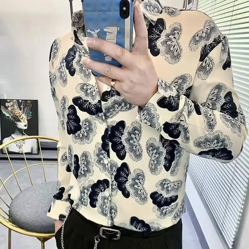

Retro Men's Long Sleeve Shirt Fashionable Printed Casual Thin Standard Fit Youth Trend Autumn Wear Sharp Glowing No Iron Requ...