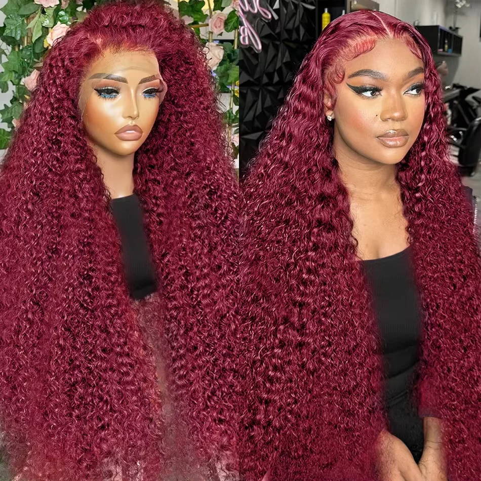 

200 Density 99J Burgundy Deep Wave Lace Front Wig Human Hair 13x4 13x6 HD Water Curly Wave Lace Frontal Wig 44 46 Inch Remy Hair