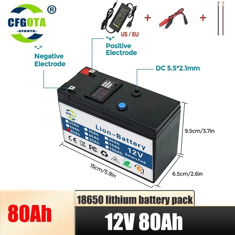 New Recharable 12V 80Ah Lithium Ion Battery,For Electric Boats,LED Light,Golf CartsEct Replacement 12V Li-Ion Battery