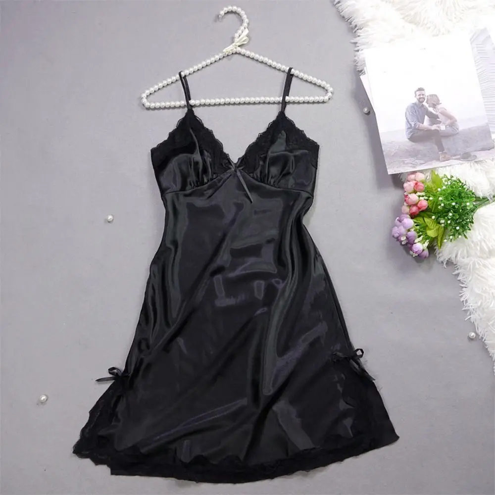 Lace Bow Women's Pajama Dress Split Sleeveless Ice Silk Suspender Nightdress Party Dress Thin Slim Sling Nightgown Female