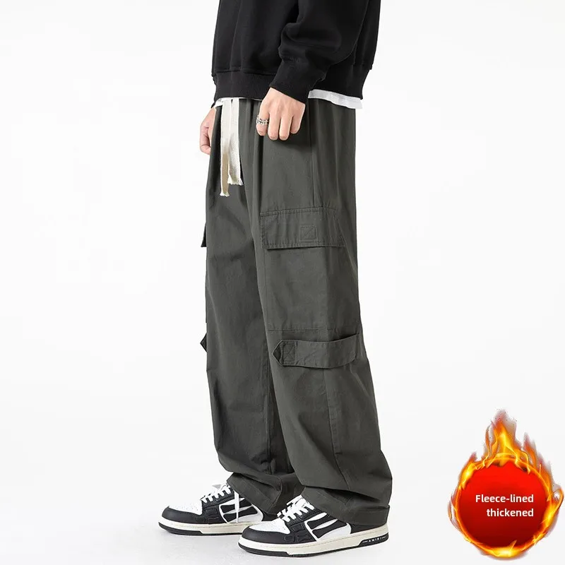 American Retro Overalls Men's Winter High Street Velvet Thickened Loose Straight Casual Long Pants