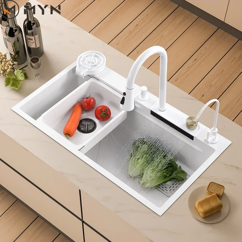 

New Design White Multi-functional Stainless Steel 304 Wash Sink Waterfall Faucet Single Kitchen Sink with All Accessories