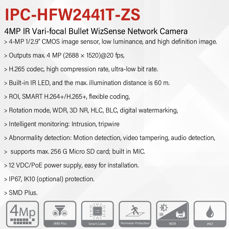 داهوا 4MP 8MP 2.7-3.5 مللي متر عدسة بمحركات فاري بؤري كاميرا IR 60m في الهواء الطلق شبكة IP كاميرا HFW2441T-ZS HFW2841T-ZS WizSense MIC