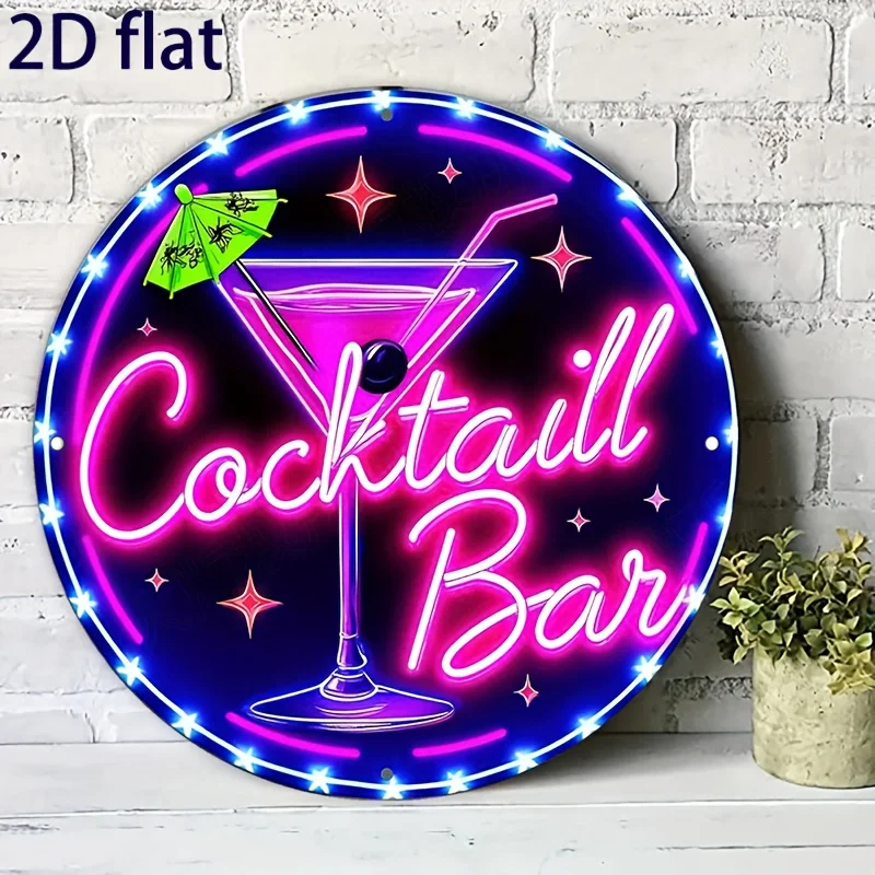 2D Vintage Metal Cocktail Sign Round Wall Art Martini Glass Umbrella Design Home Bar Cafe Garage Decor