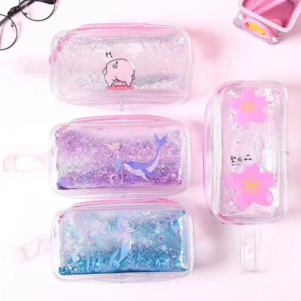 Cute PVC Pencil Bag Cartoon Large Capacity Pencil Case Sequin Cosmetic Bag