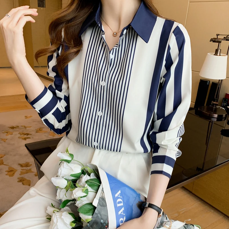 Long Sleeve Striped Chiffon Blouse Shirt Women Tops Blusas Mujer De Moda 2024 Turn Down Collar Blouse Women Blouses Shirts G316