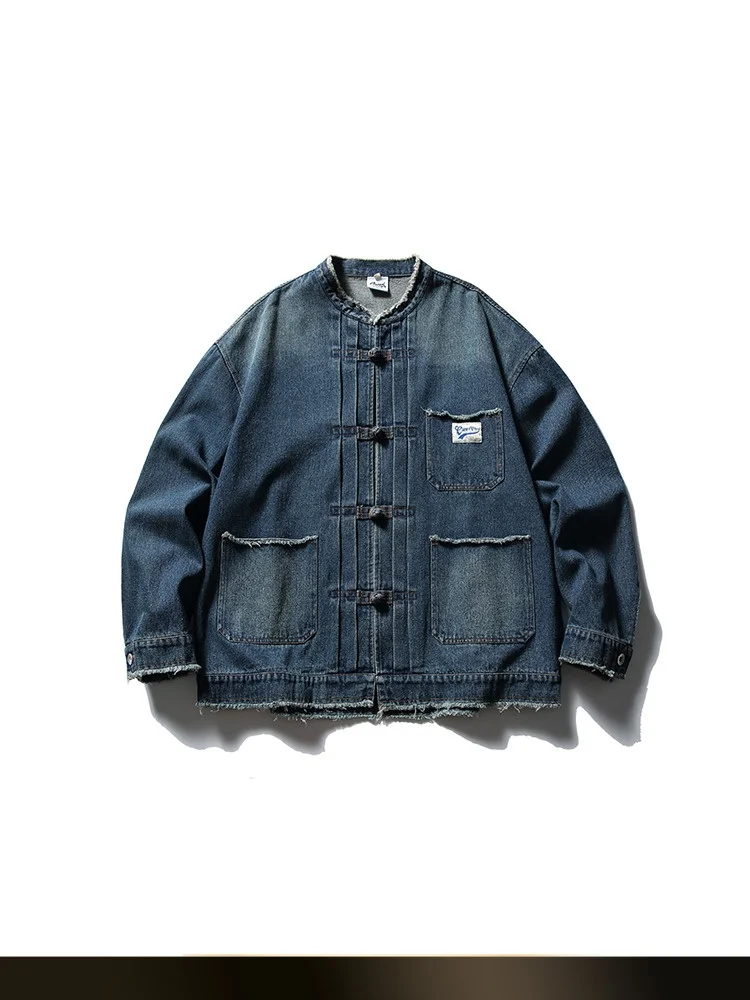 

NTED Chinese Sle Embroidered Button Denim Jaet for Men Autumn Trendy Brand Couple Waed Frayed Workwear Jaet