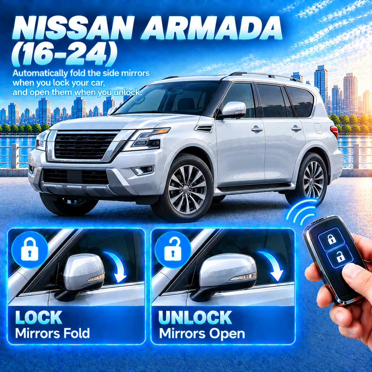 Suitable for Nissan Armada (16-24) folding mirrors when locking and unlocking; folding module modification.