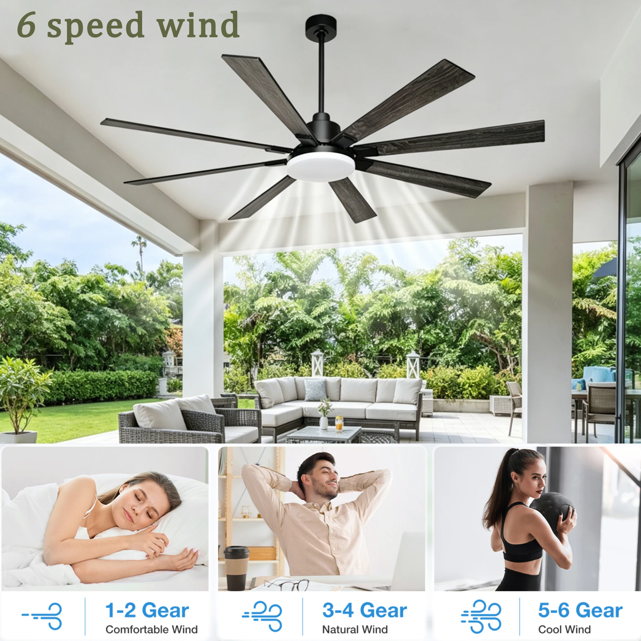 Large 72 Inch Ceiling Fans with Lights 8 Reversible Blades Dimmable Remote Control Electric Fan 6 Speed Reversible DC Motor