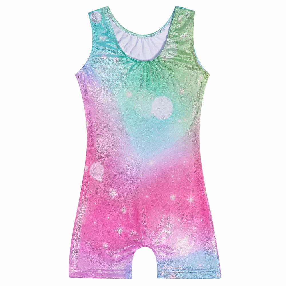 Gymnastics Leotards for Girls with Shorts Rainbow Star Tumbling Bodysuits Toddler Kids Sparkly Dance Outfits Biketard