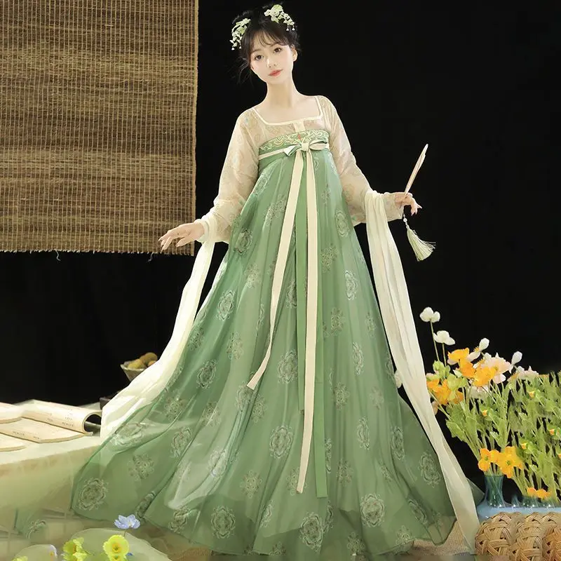 Tang Dynasty Chinese Style Vintage Fairy Hanfu Dress Ancient Chinese Style Traditional Floral Print Princess Dress  Dance Dress