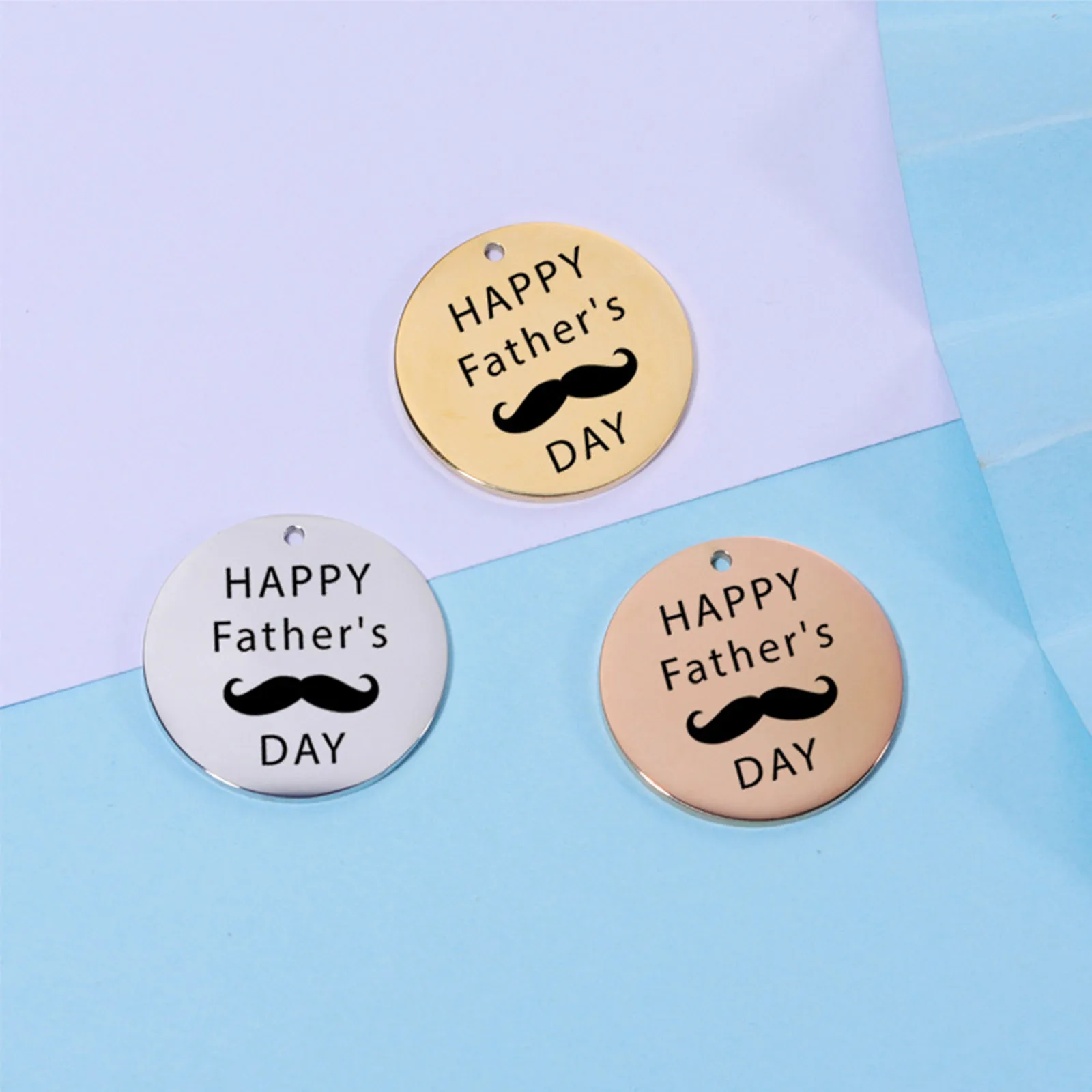 1PC Stainless Steel Round Message Happy Father Day Charms Metal Mirror Pendants Necklace Jewelry Making Findings Gifts 25mm Dia.