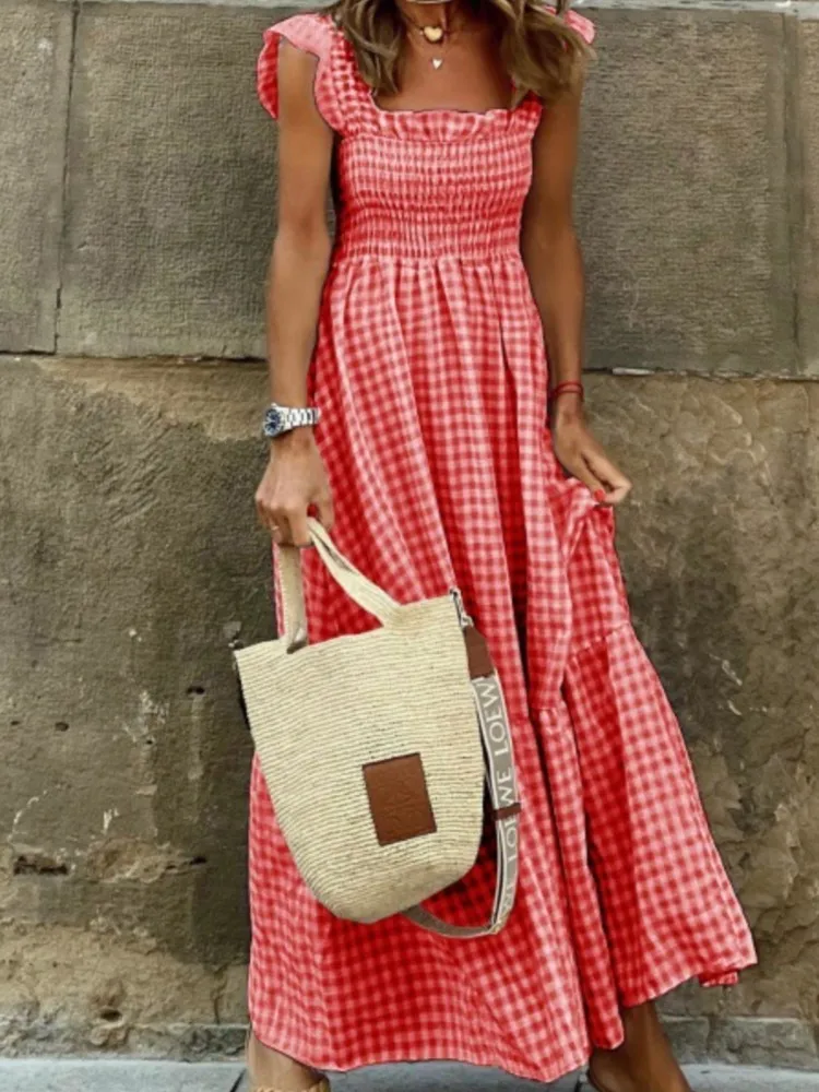 Summer Women's Temperament Commuting Suspender Dress Elegant Sleeveless A-line Collar Collage Plaid Elastic Large Swing Dresses