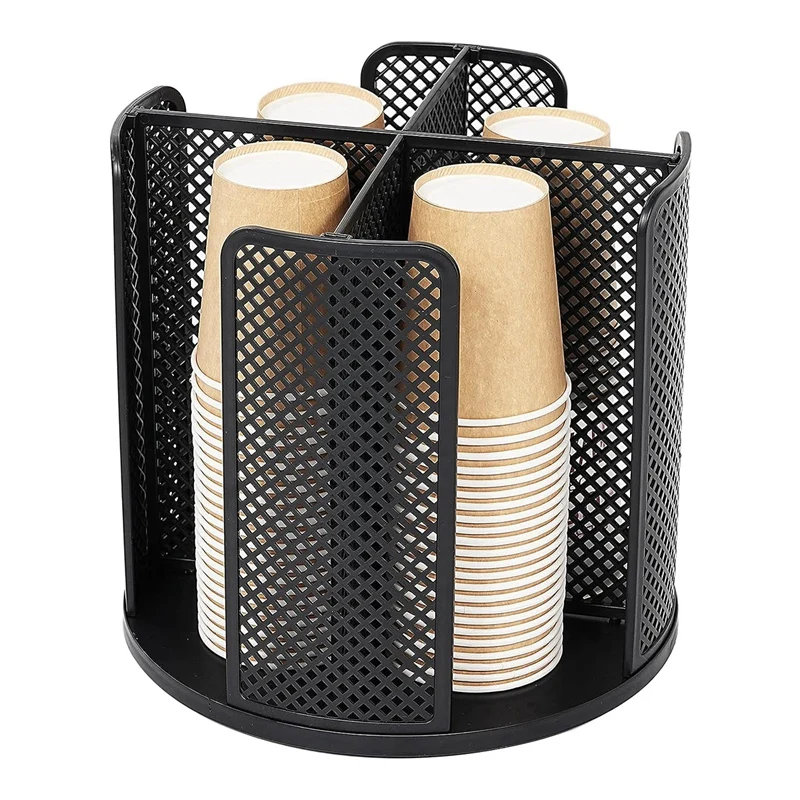 回転カップと蓋オーガナイザー、4コンパートメント、コーヒーカップディスペンサー、紙コップ収納ホルダー、カウンタートップ用