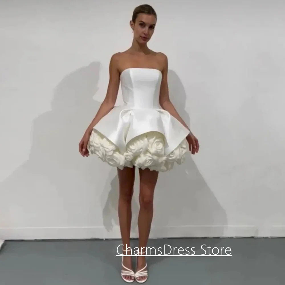 Vestido de noite curto com flores, personalizado, sem alças, sem mangas, vestido branco, arábia saudita, mini vestidos de festa de coquetel