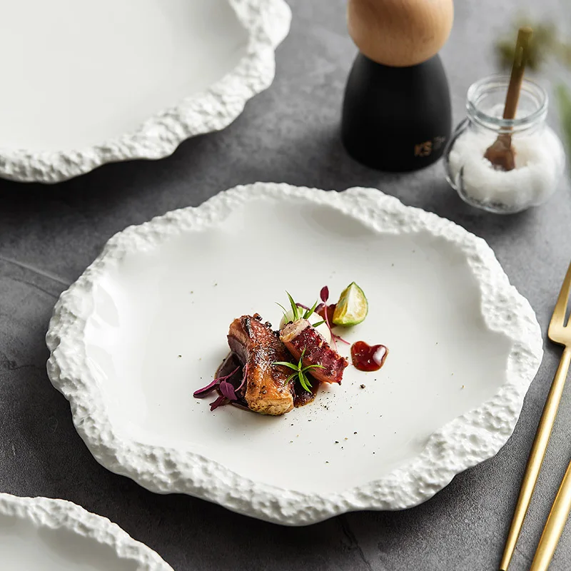 Rock pattern skirt vegetable dish household ceramic flat plate new hotel tableware Ins style electroplating plate