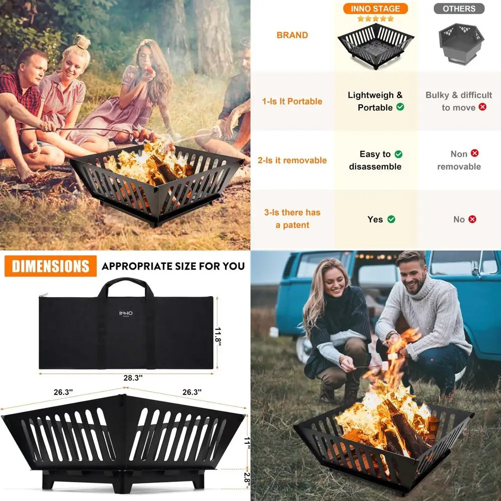 

Портативная 25-дюймовая уличная костра для костра с дровью для заднего двора, кемпинга и патио с сумкой для переноски