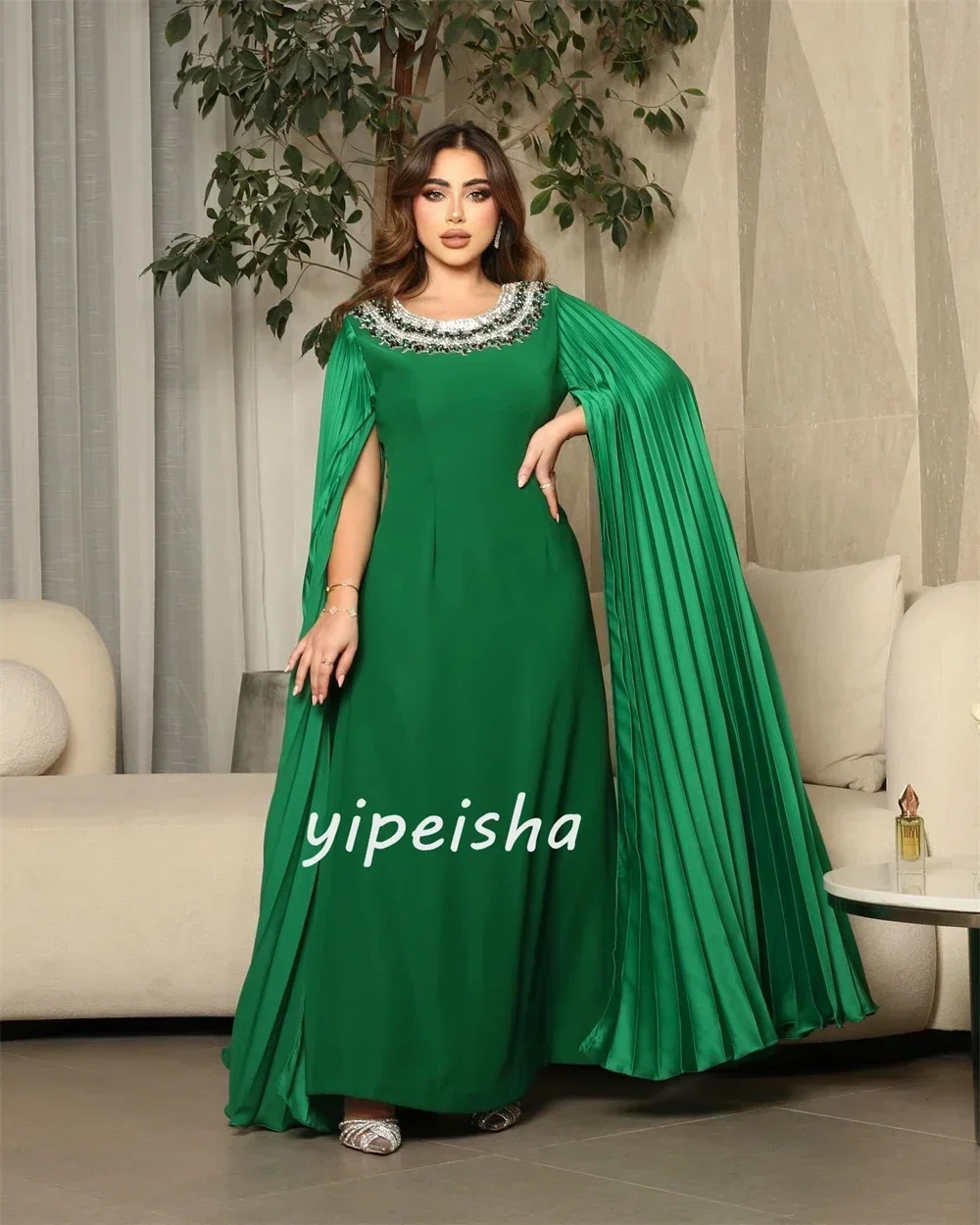 Customized Jersey Sequined Ruched Celebrity A-line O-Neck Bespoke Occasion Gown Midi Dresses
