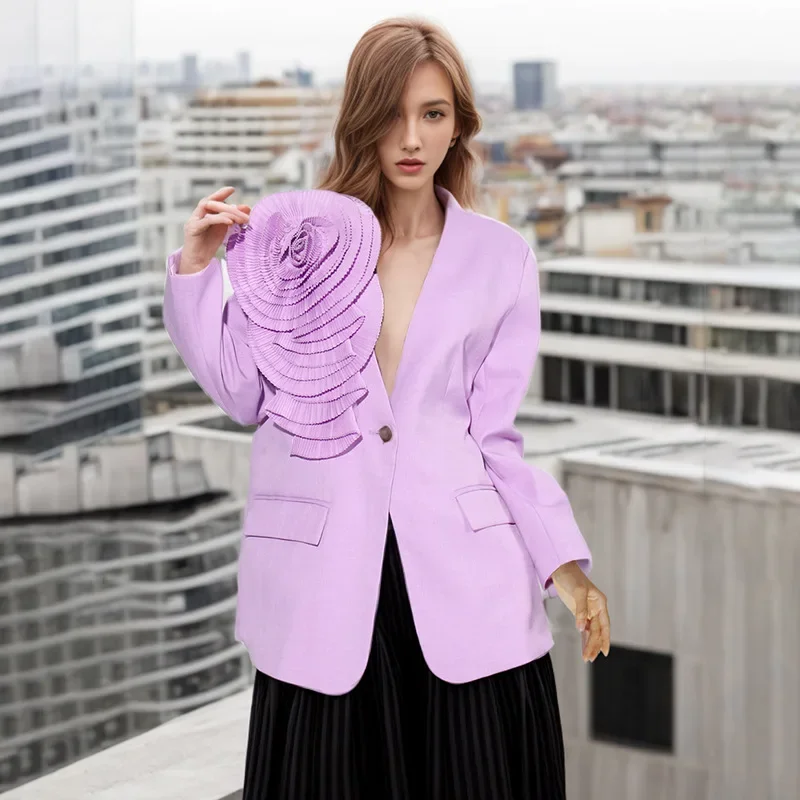 2025 New Fashion Temperament V-neck One-button Three-dimensional Flower French Romantic Splicing Design Sense Blazer Women