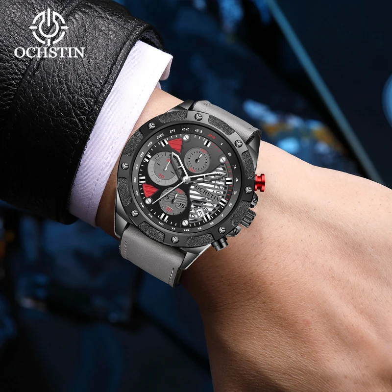 Ochstin marca superior relógio de pulso quartzo masculino moda esportes cronógrafo militar à prova dwaterproof água couro calendário relógio masculino reloj hombre