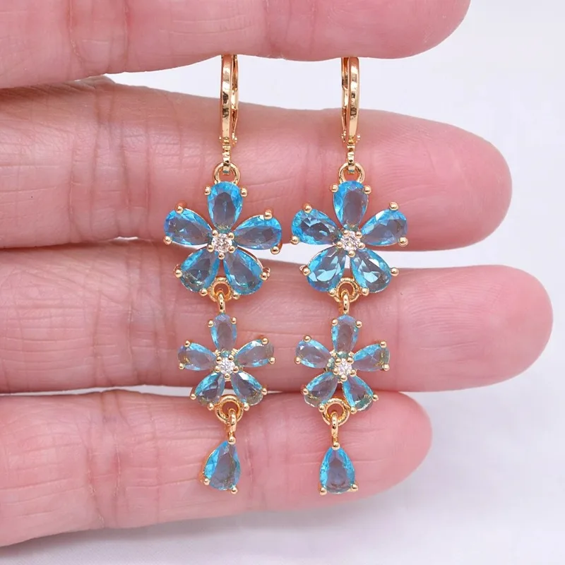 Fashion Delicate Shiny Blue Synthetic Zirconia Floral Drop Earrings for Women Luxury Temperament Anniversary Jewelry Accessories