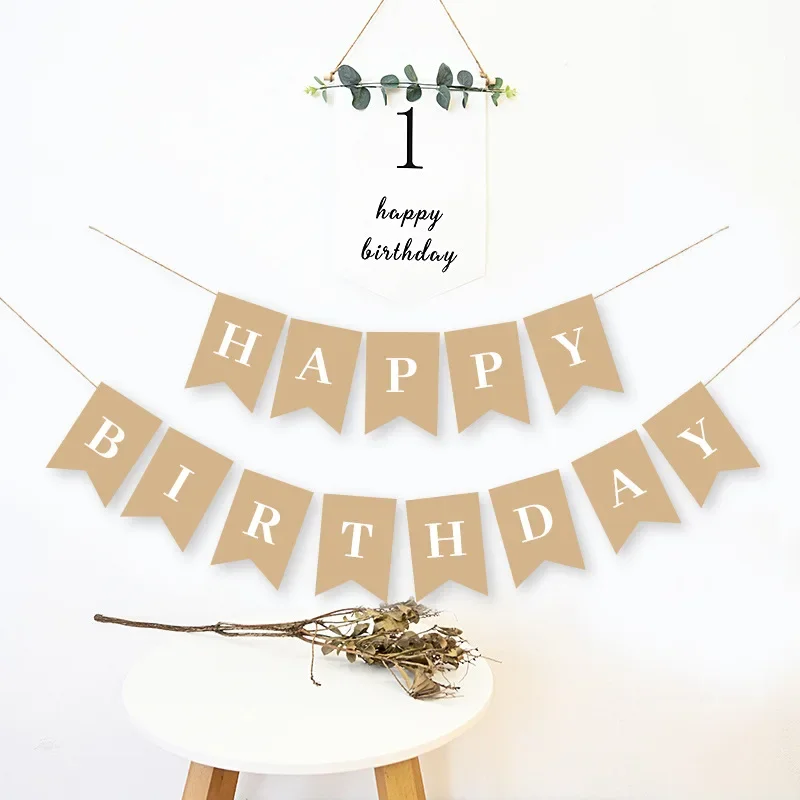 Vintage Kraft Paper Happy Birthday Banner, Swallowtail Flag Bunting Garland, Children First Birthday Party Background Wall Decor - view 6