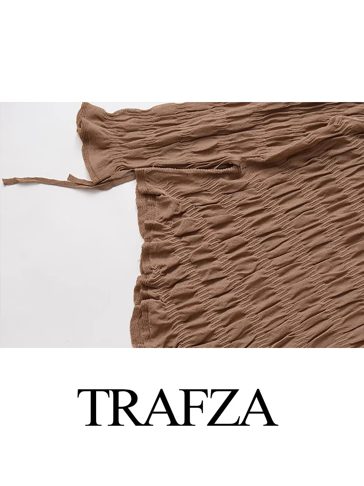 

TRAFZA Women Autumn New Fashion Lace-up Crew Neck Long Sleeve Knit Top Female Elegant Commuter Asymmetric Hem Pleated Casual Top