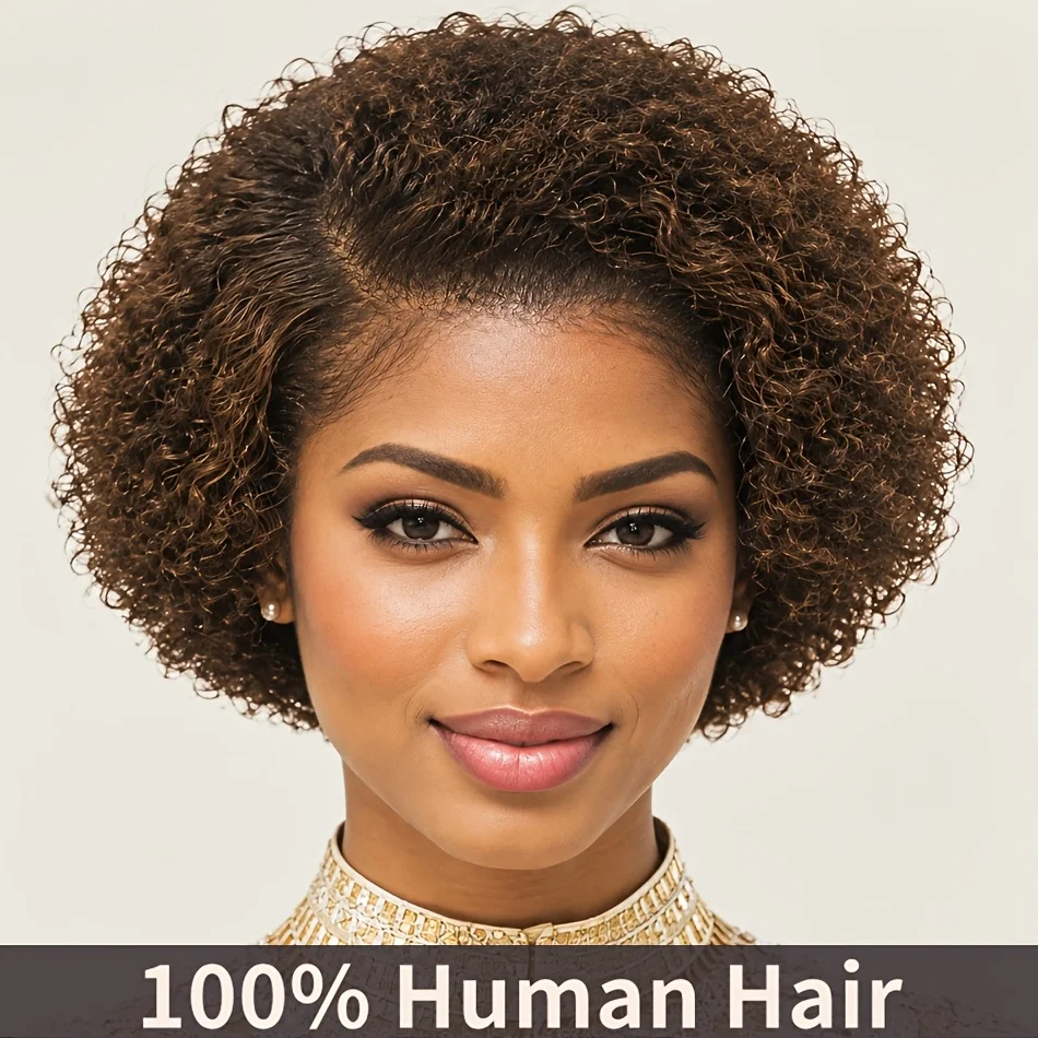 Honey Brown 13x4x1 Jerry Curly Pixie Cut Wig Virgin Brazilian Human Hair Wig with T Part Transparent Lace Frontal Pixie Cut Wig